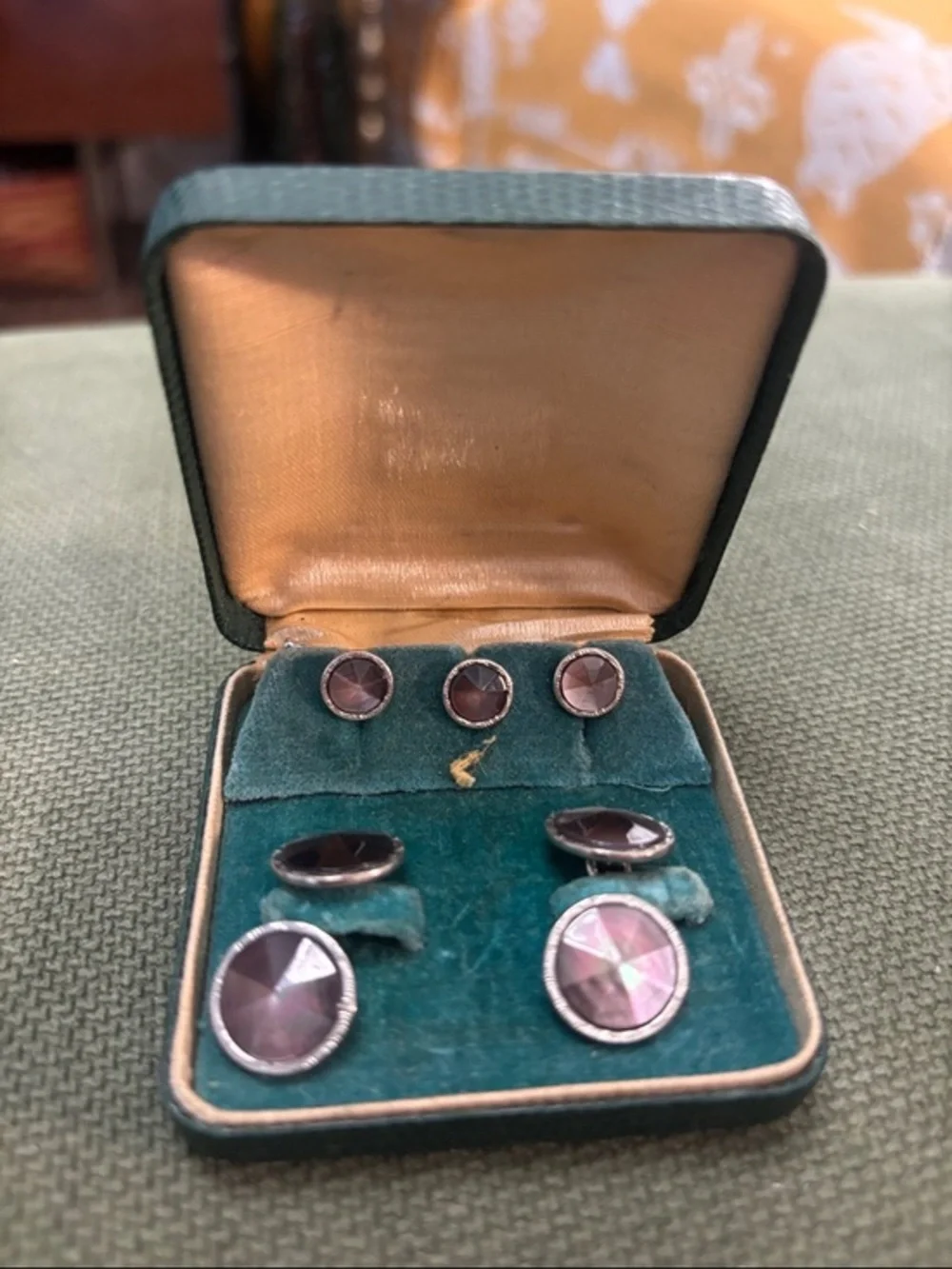 Vintage art deco silver and smoke mother of pearl cuff links and button studs